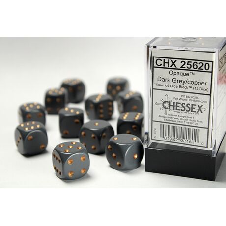 Opaque Dark Grey/Copper 16mm Dice (12)