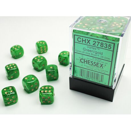 Vortex Green/gold 12mm d6 Dice Block (36 dice)