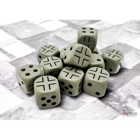 WW2 German Opaque Grey/Black 16mm D6 Dice Block (12)